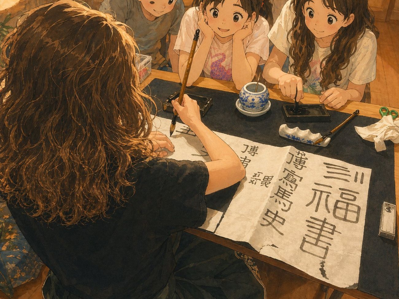 Illustration: Children learning Chinese calligraphy