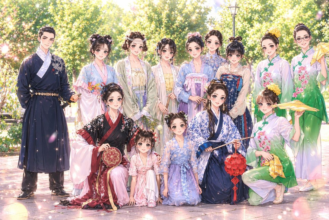 Illustration instead of photo – protecting the privacy of the people shown (data protection) Illustration: Festive group in traditional dress for the New Year celebration