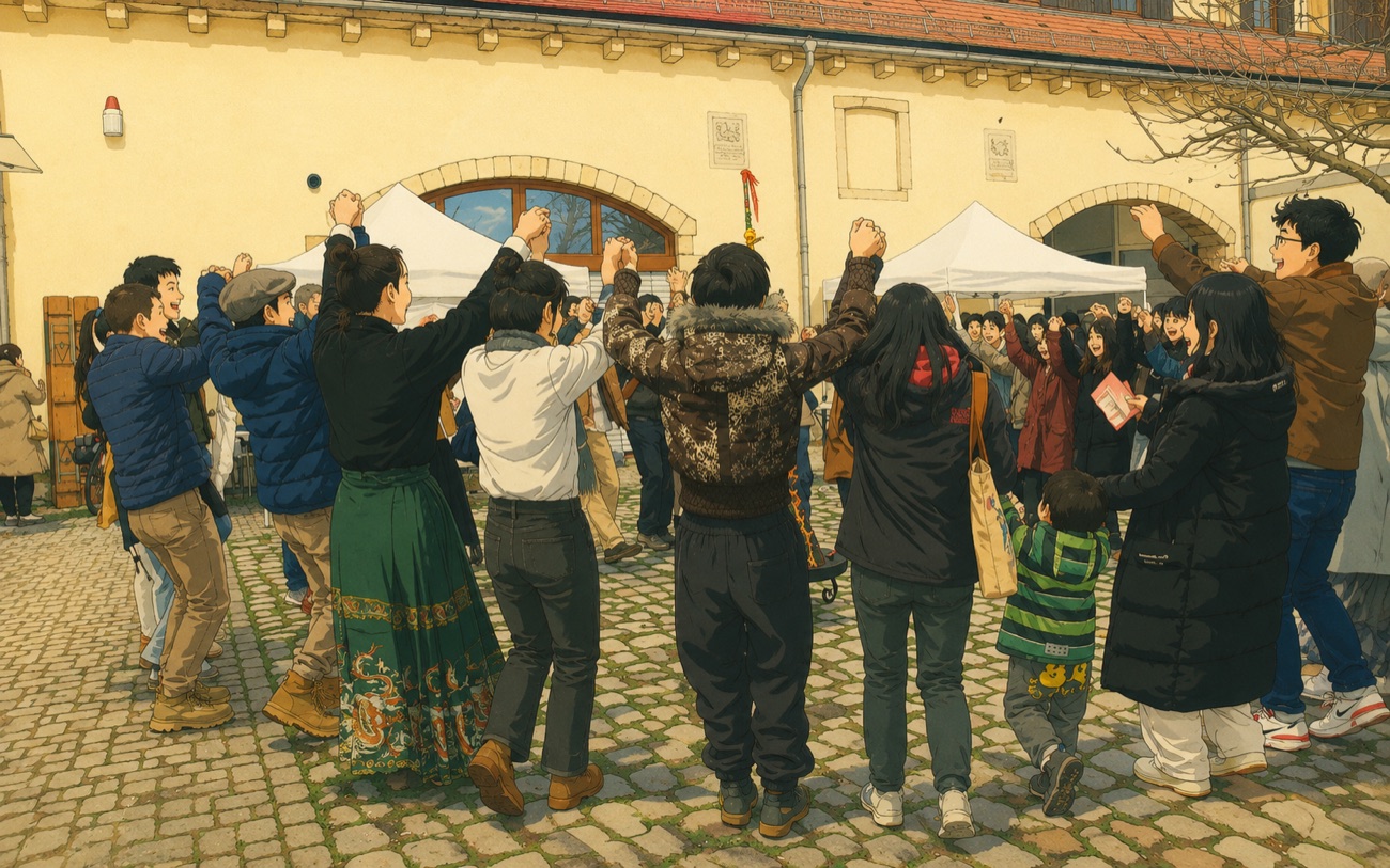Illustration instead of photo – protecting the privacy of the people shown (data protection) Illustration: A shared circle dance in the courtyard at the New Year festival