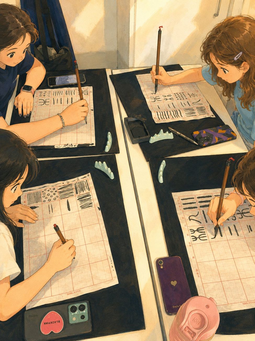 Illustration: Children and teenagers practising Chinese calligraphy with brush and ink