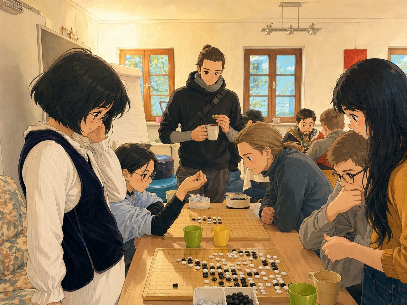 Illustration instead of photo – protecting the privacy of the people shown (data protection) Illustration: Friends gathered over a board game in the club room